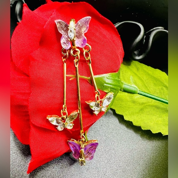 New Purple Crystal Butterfly Drop Earrings - Picture 14 of 16